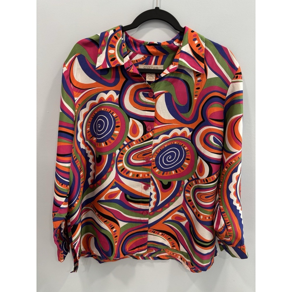 Clothes 1X 100% Silk Colorful Paisley Retro Button Front Blouse Top Maximalist - Picture 4 of 8